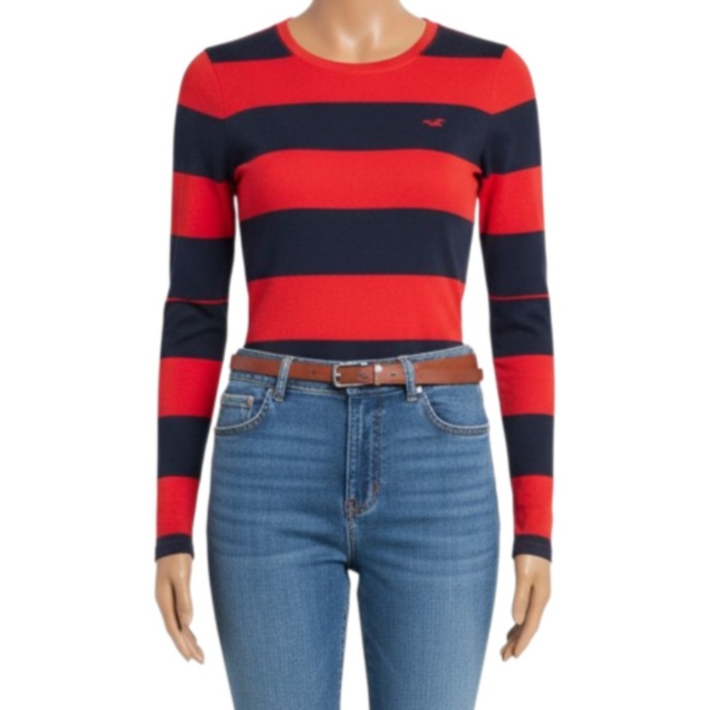 Hollister Womens M Long Sleeve Striped Shirt Red Blue Rubgy Tee Medium (Read)